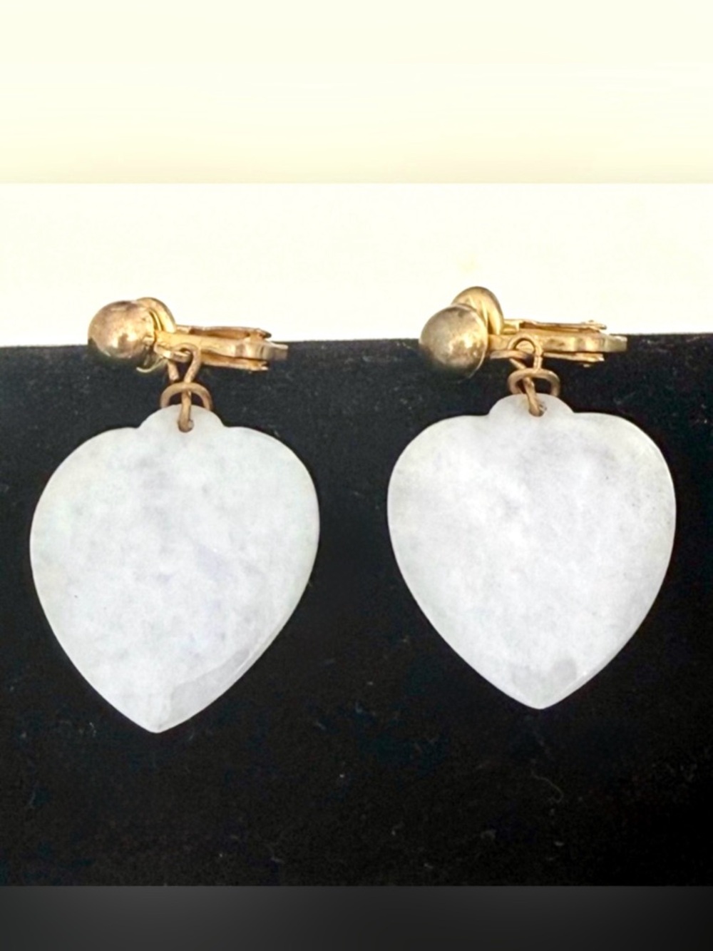 Rare Mid-Century Natural Snow Quartz Heart Drop Clip-On Earrings- 1” 10.58 grams